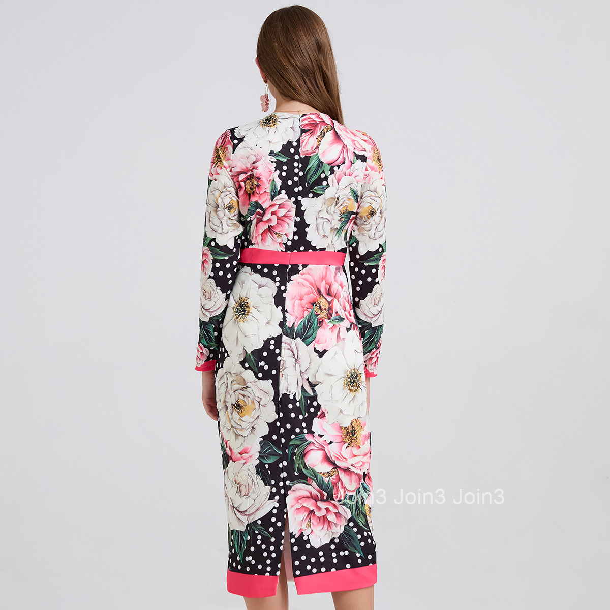 824 Style Positioning Dot Large Flower Slim Fit Bodycon Dress High Waist Round Neck Long Sleeve Dress