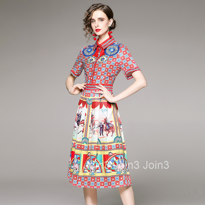 7496 Summer New Womens Style Printed Dress with Collar Short Sleeve Slim fit Waist cinching Medium length Skirt