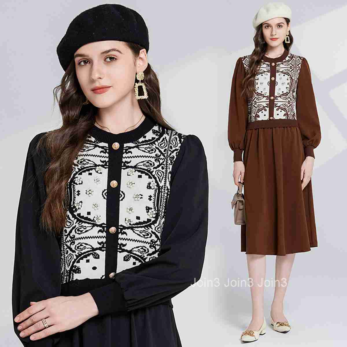 5389 Autumn/Winter New Womens Classic Jacquard Pattern Round Neck Long Sleeve Waist Splicing Dress