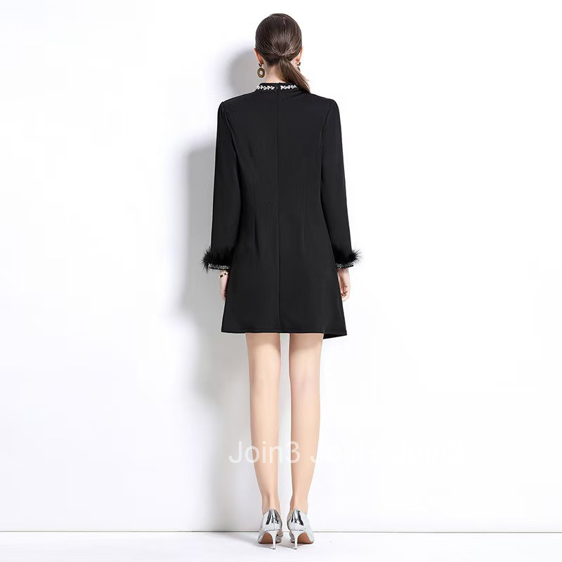 6601 Spring and Autumn New Womens Dress with Diamond Bead Split Hip Wrapping Small Dress Feather Long Sleeve Dress