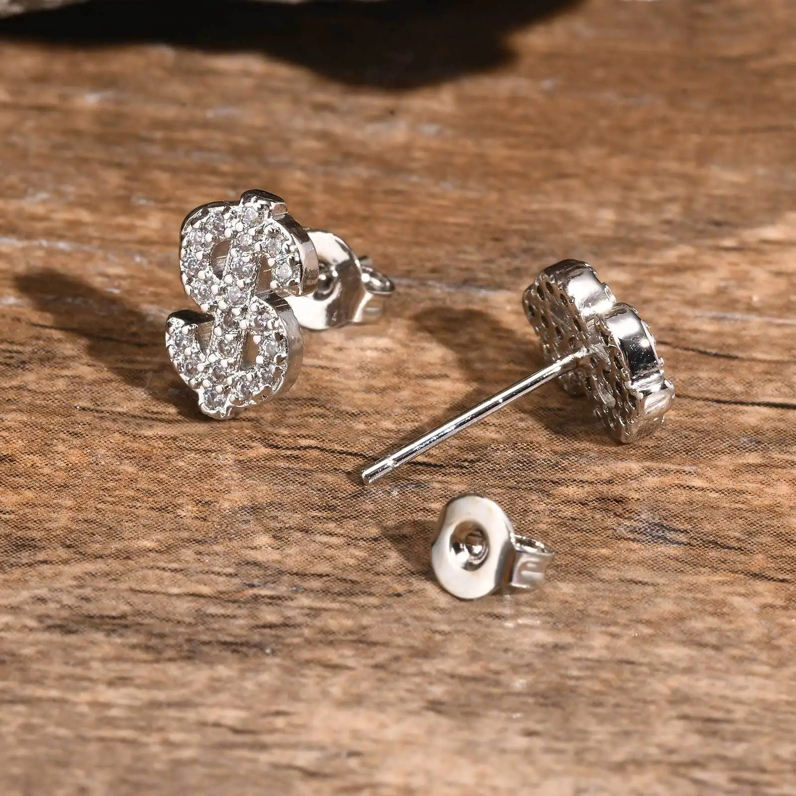 Dollar Sign Stud Earrings for Men BoysIced Out Zircon Stainless Steel EarringsHip Hop Rap Cool Jewelry Gifts 250715