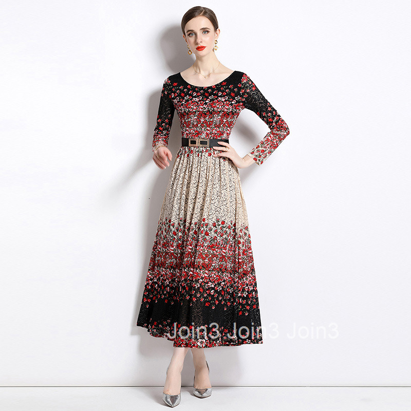 557 Autumn Winter New Womens Fashion Elegant Printed Long Sleeve Lace Flared Long Dress