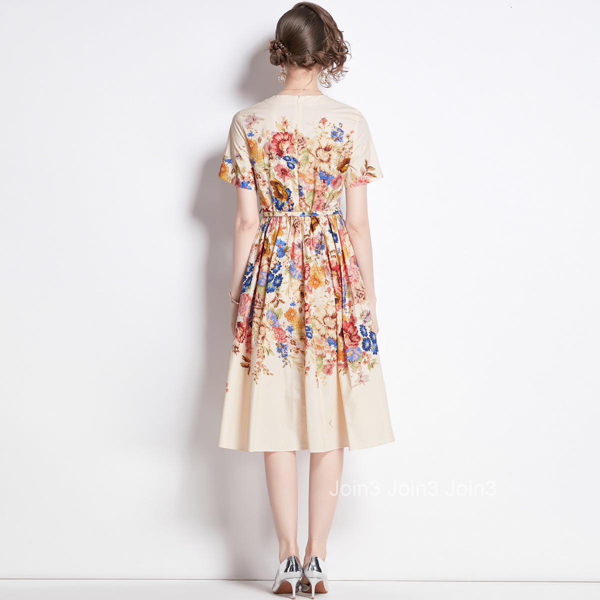 1642 Summer New Womens Fashion Elegant Color Block Printed Round Neck Waist Slimming Short Sleeve Mid-Length Dress