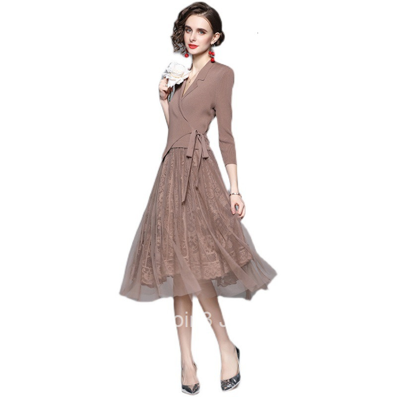 3315 Autumn New Fashionable Lace Embroidery Mesh Patchwork Knitted Fake Two-Piece Dress