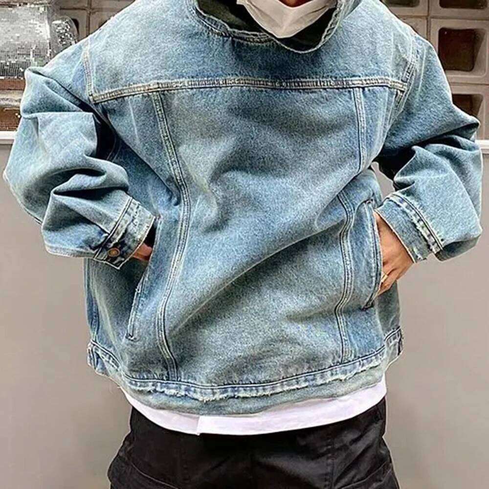 Mens Autumn Winter Washed Distressed Retro Hoodie Genderless Street Fashion Casual Loose Denim Sweatshirt Unisex