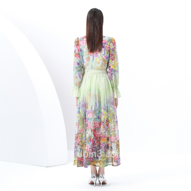 6079 Early Spring New Womens Fashion Elegant V-neck Lantern Sleeve Long Dress Printed Dress Three-piece Set