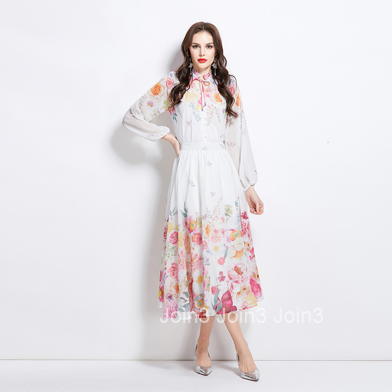 2758 Spring New Womens Fashion Elegant Lantern Sleeve Chiffon Blouse + High Waist Midi Skirt Two-Piece Set