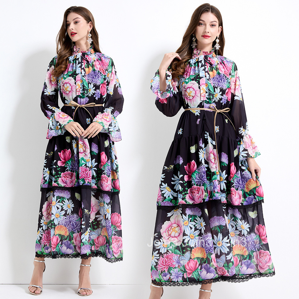 2170 Spring New Womens Fashion Elegant Vacation Style Lace Cake Dress Printed Waist-Cinching Long Dress - Two-Piece Set