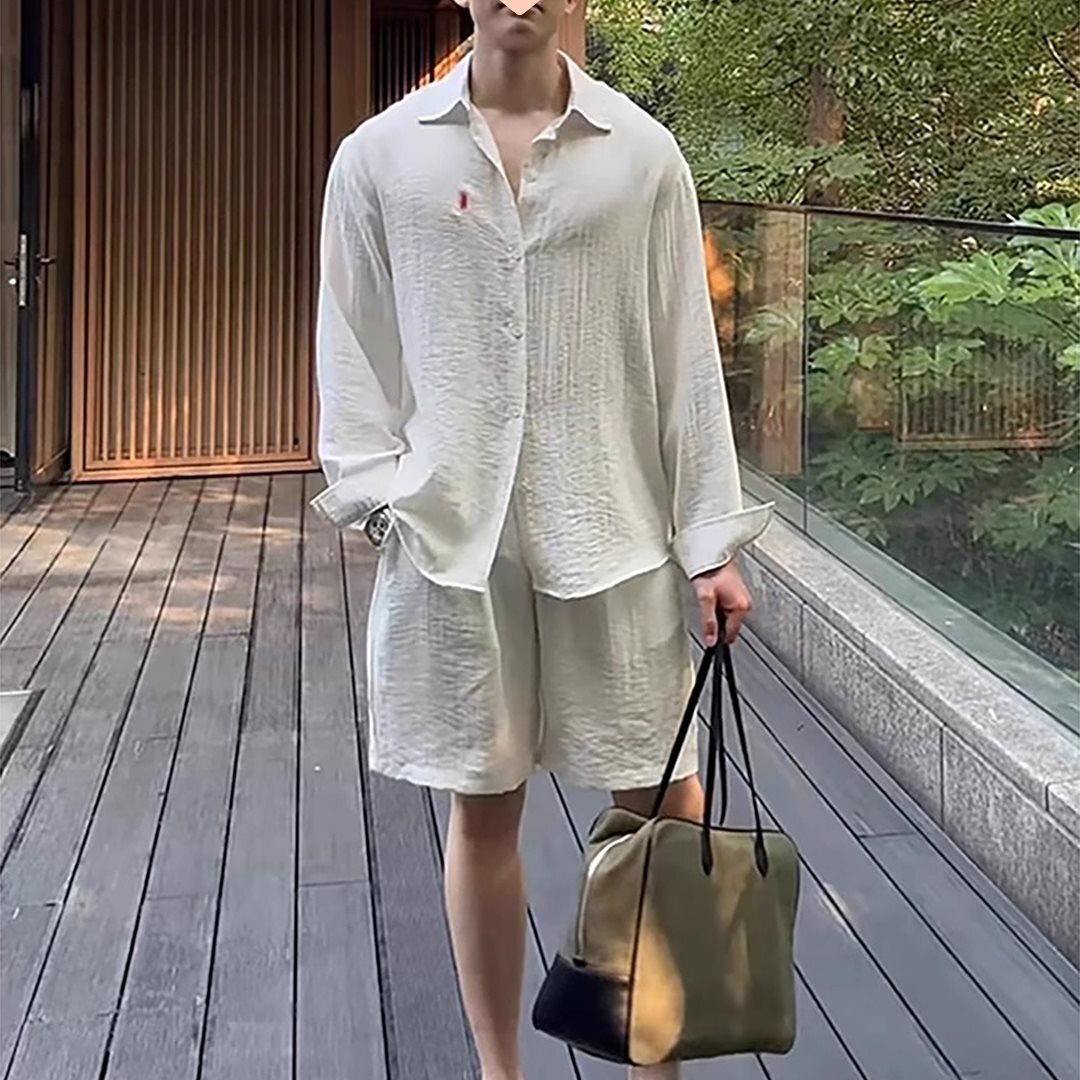Old Money Style Sun Protection Linen Set for Men Summer Small Horse Logo Embroidered Long Sleeve Loose Lazy Draped Texture Shirt