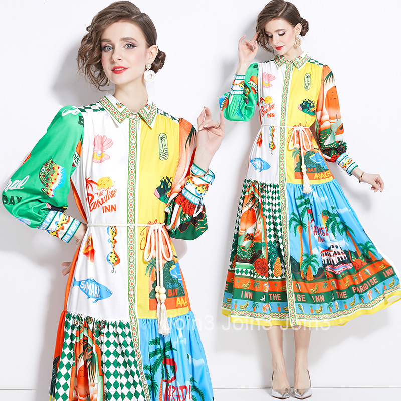 1209 Spring and Autumn New Cotton Linen Turn-Down Collar Lantern Sleeve Printed Long Dress