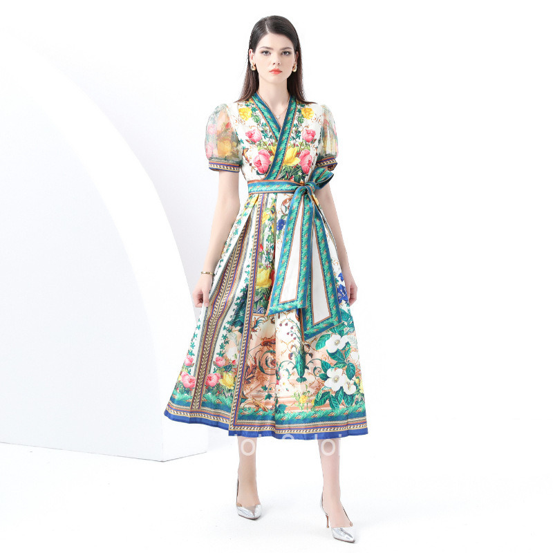 6023 Early Spring New Womens Vacation Wrap Tie V-neck Lantern Sleeve Long Dress Printed Dress