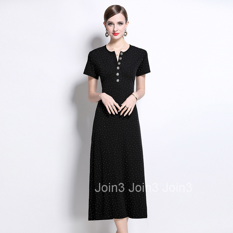 8806 New Fashion Round Neck Rose Button Waist Slim Fit Rhinestone Dress