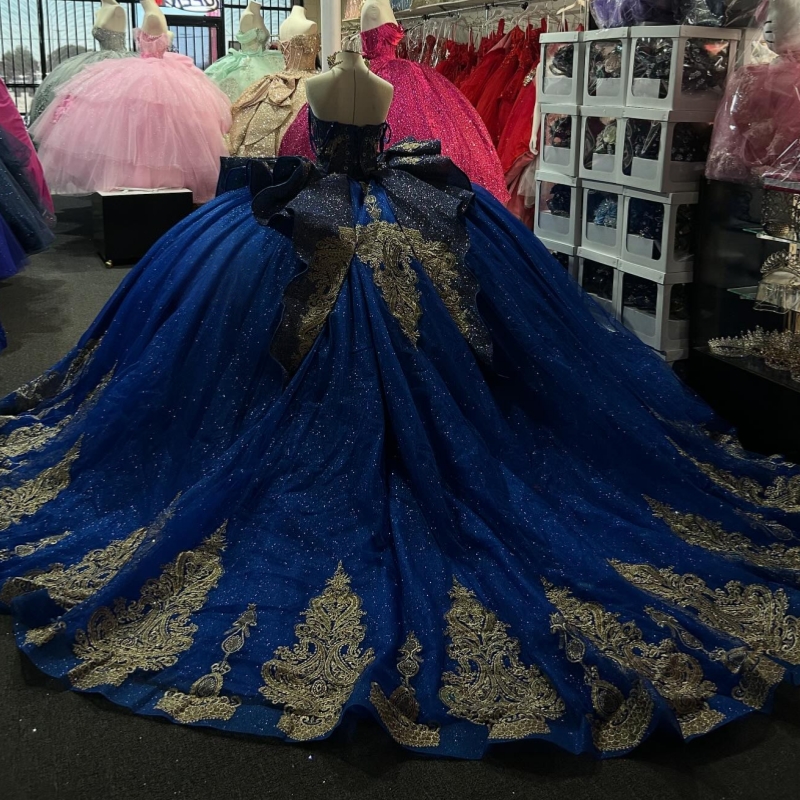 Royal Blue Shiny Quinceanera Dresses Ball Gown Off The Shoulder Gold Applique Lace Beading Tull Party Birthday Sweet 16 Dress Vestidos 15 anos