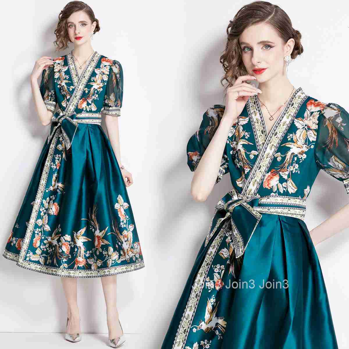 1651 Summer New Womens Elegance Style Printed Dress Waist up Dress V-neck Large Swing Long Dress