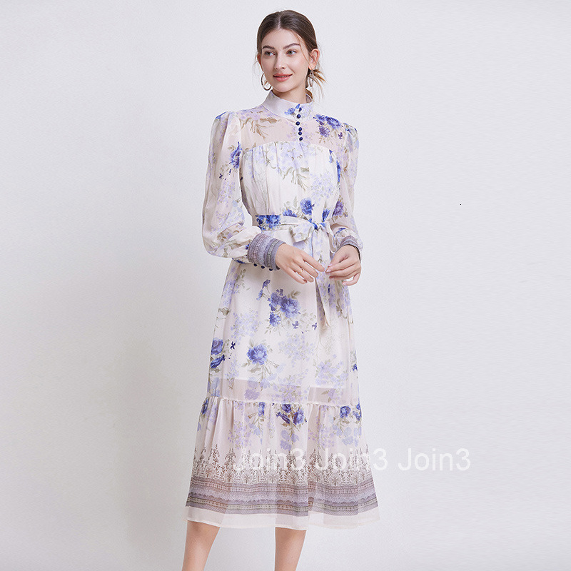 6602 Spring/Summer New Womens Fashion Style Printed Long Sleeve Chiffon Dress with Waist cinching and slimming Long Skirt