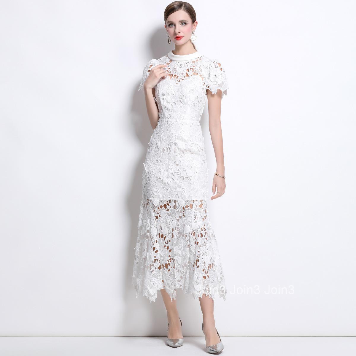 1692 Spring and Summer New Elegant High Neck Round Neck Short Sleeve Water Soluble Lace Dress