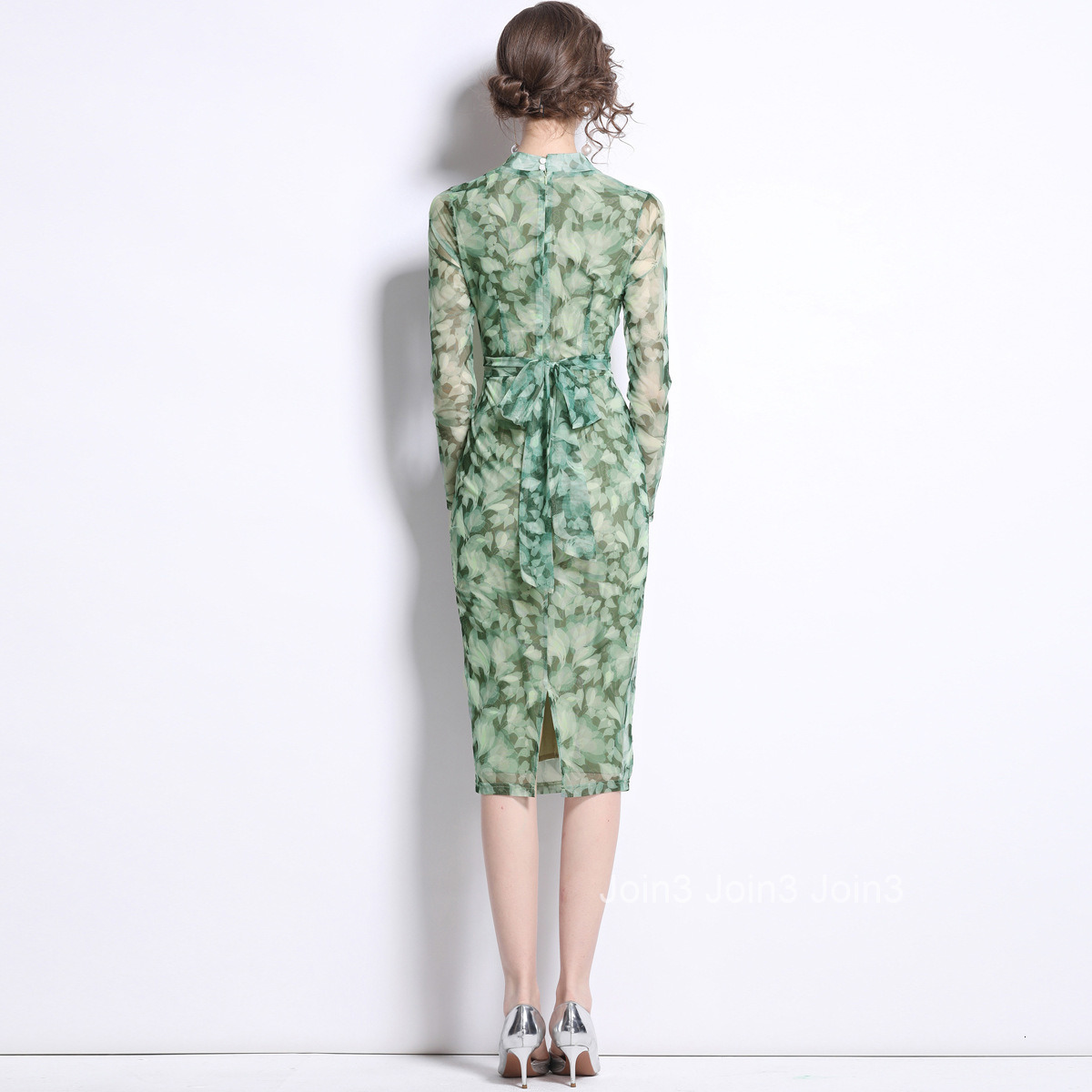 9037 Spring Summer New Womens Fashion Elegant Printed Dress V-neck Long Sleeve Tie Slim Fit Mid-length Dress