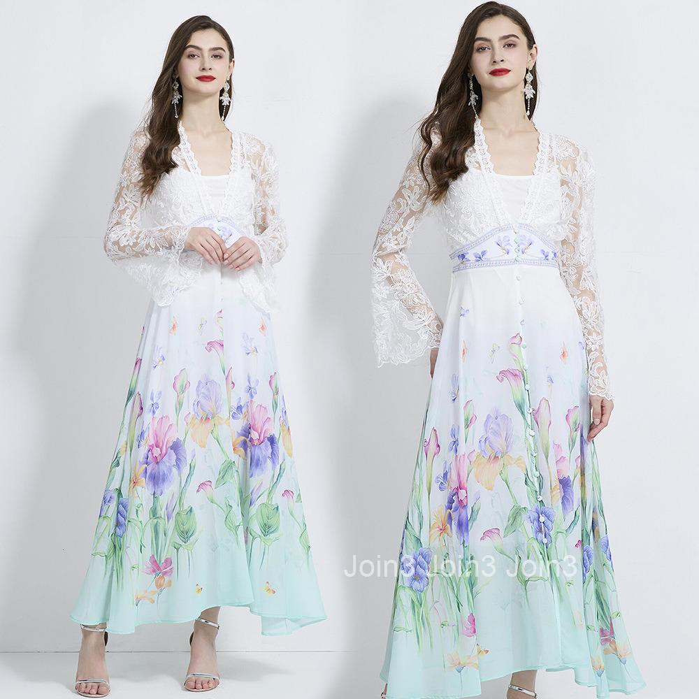 2105 Autumn New Womens Vacation Style V-Neck Flared Sleeve Lace Patchwork Printed Dress Two-Piece Set