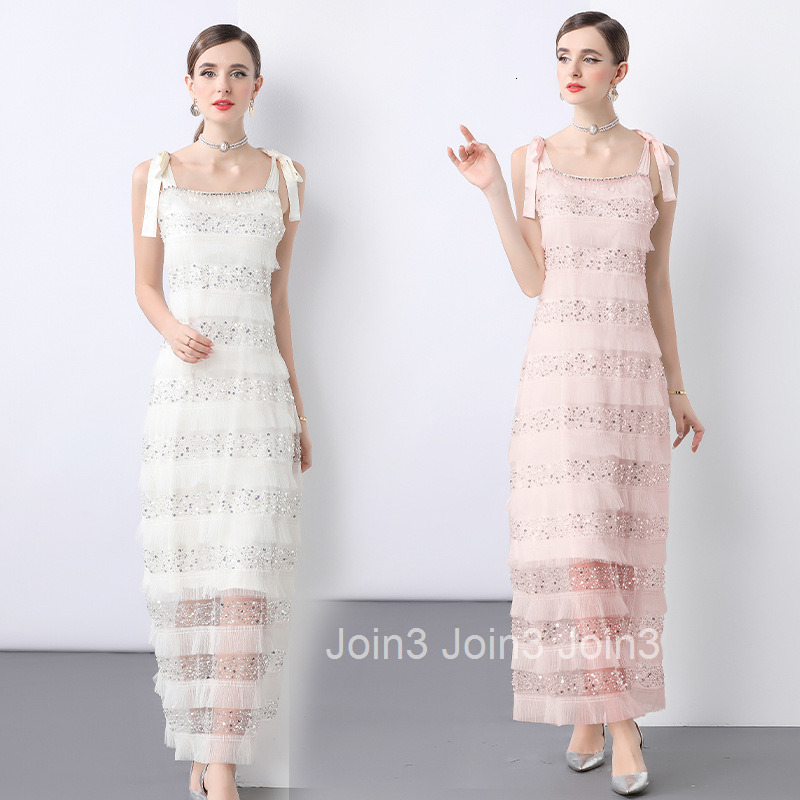 7183 French Style Mesh Cut Ruffle Beaded Sequin Tassel Strap Bowknot Dress Summer