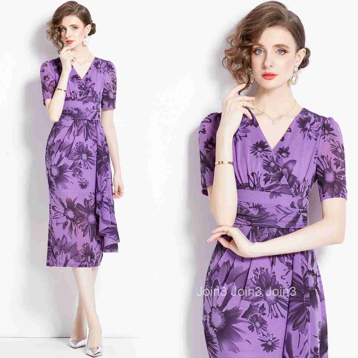 1977 Spring Summer New Womens Fashion Elegant V-neck Slim Fit Floral Short Sleeve Mid-length Dress