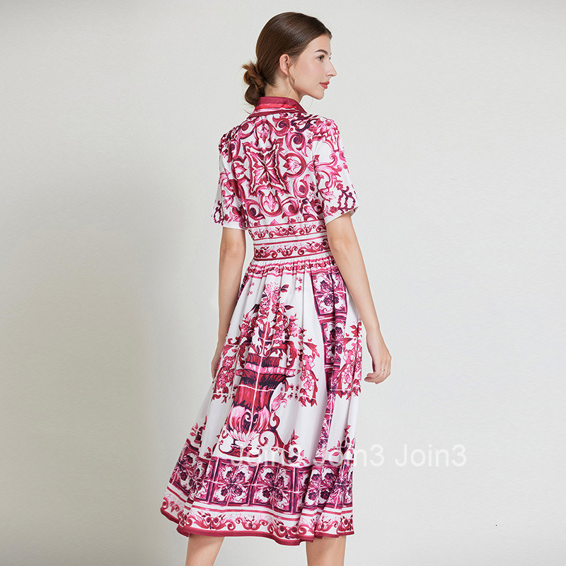 8523 Summer New Womens Fashion Printed Elegant Turn-Down Collar Short Sleeve Flared Mid-Length Dress