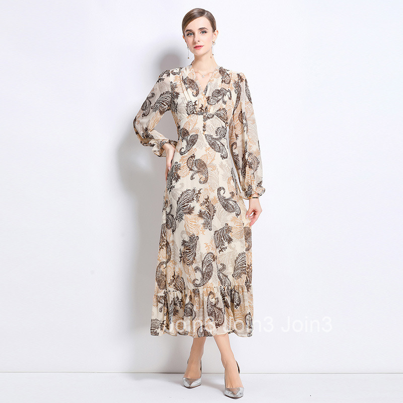 8817 New Style Floral Print Collar Long Sleeve Waist-Cinching Slimming Ruffle Long Dress