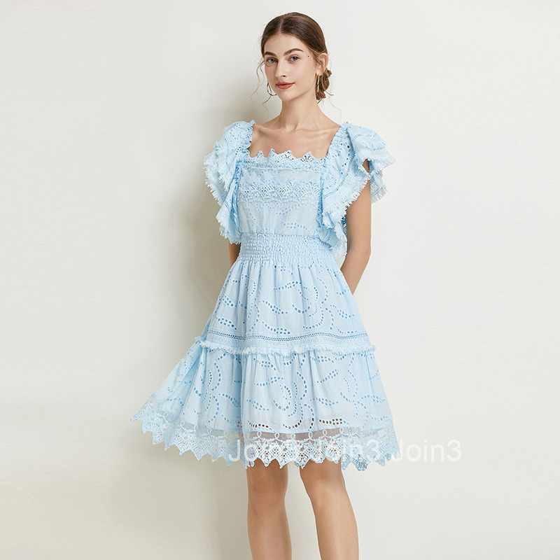 7701 Summer New Womens Fashion Elegant Solid Color Flutter Sleeve Square Neck Fashion Lace Trim Dress