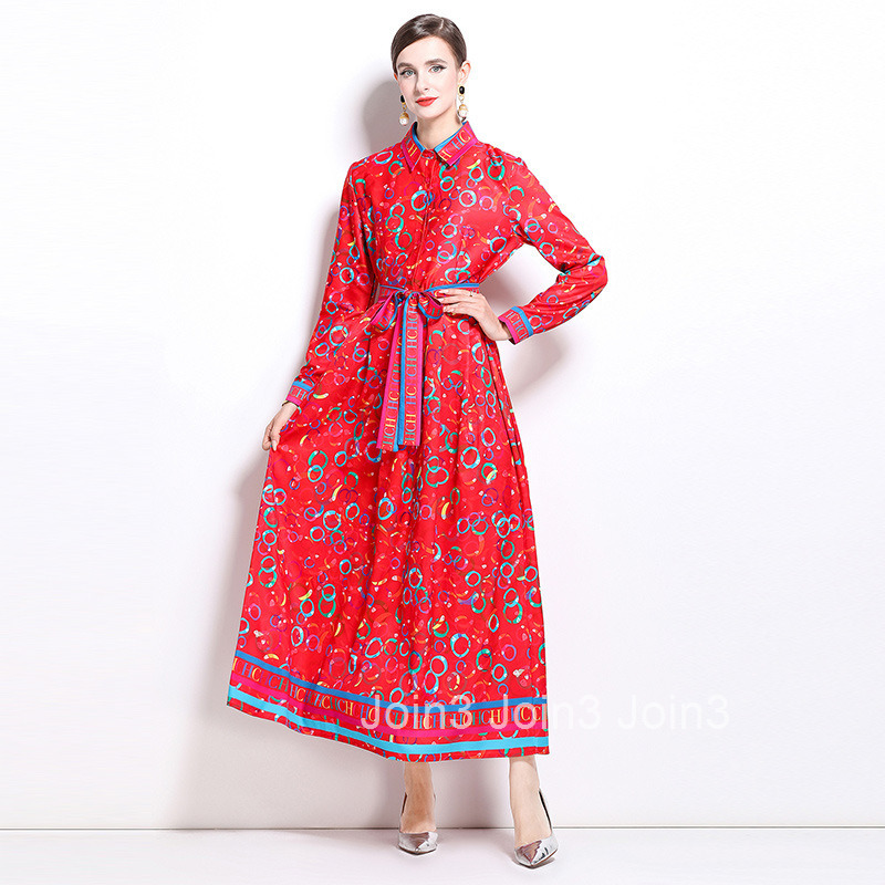 9892 autumn new womens clothing fashionable temperament waist cinching and slimming printed long sleeved long skirt dress