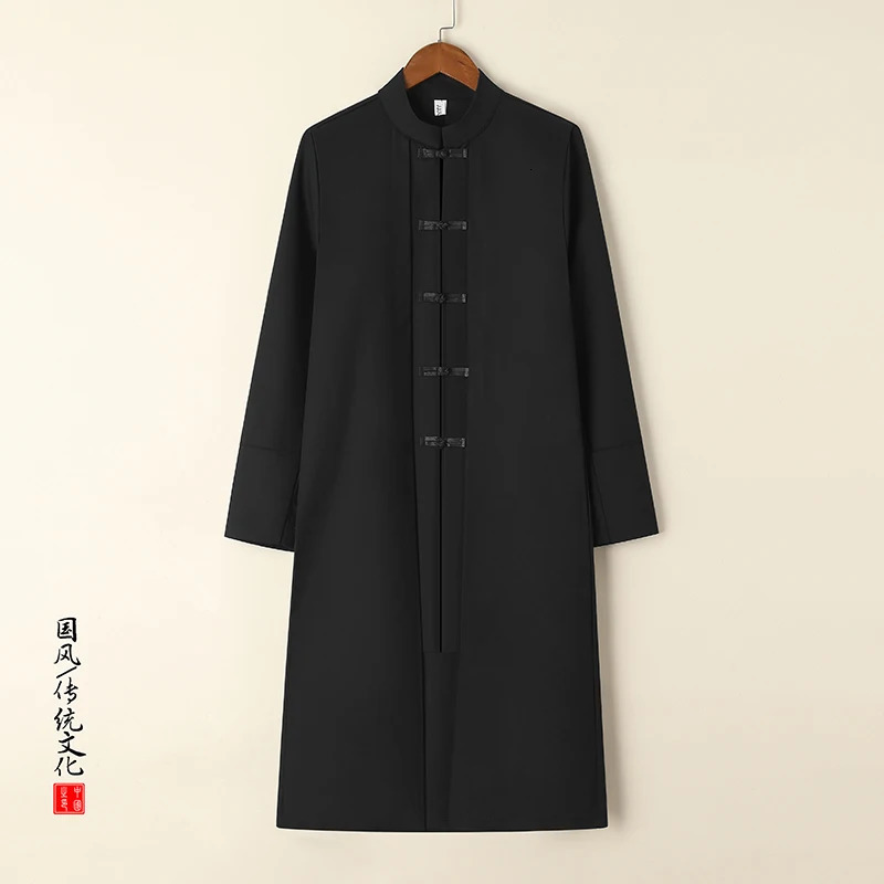Men Chinese Style Long Windbreaker Jacket Men Streetwear Oriental Clothes Men Black Vintage Mandarin Trench Embroidery Coat 250714
