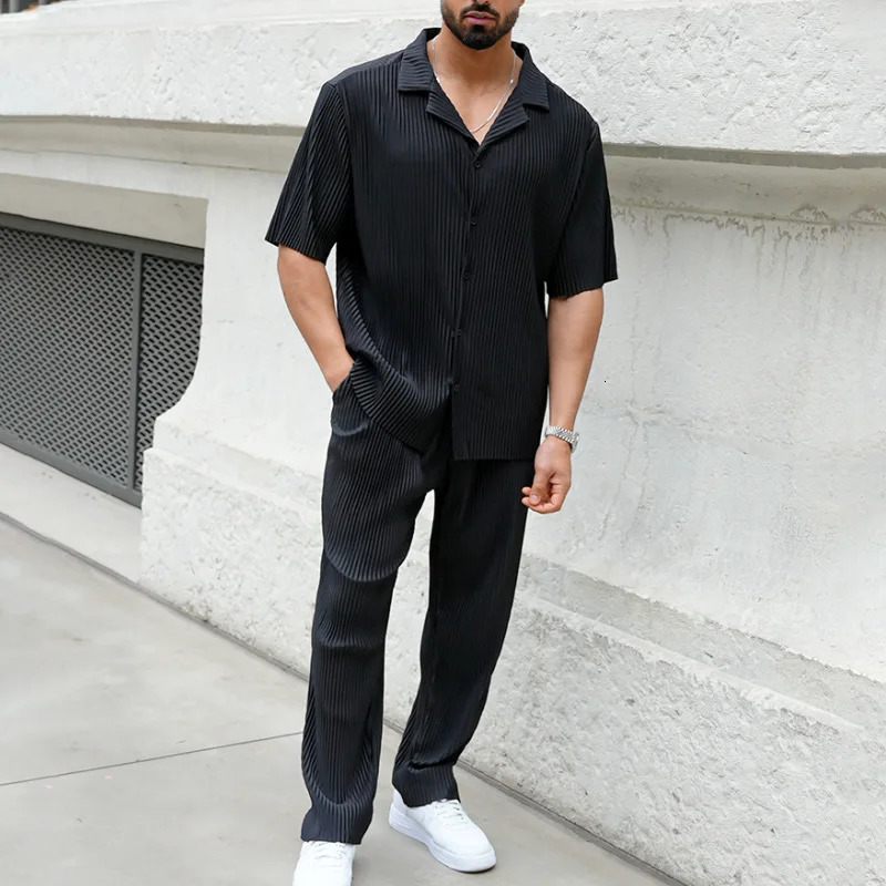 Summer Fashion Casual Loose Mens Button Open Shirt Short Sleeve Pants Set Home Vacation Thin Breathable Quick Drying 2-pie Set 250715