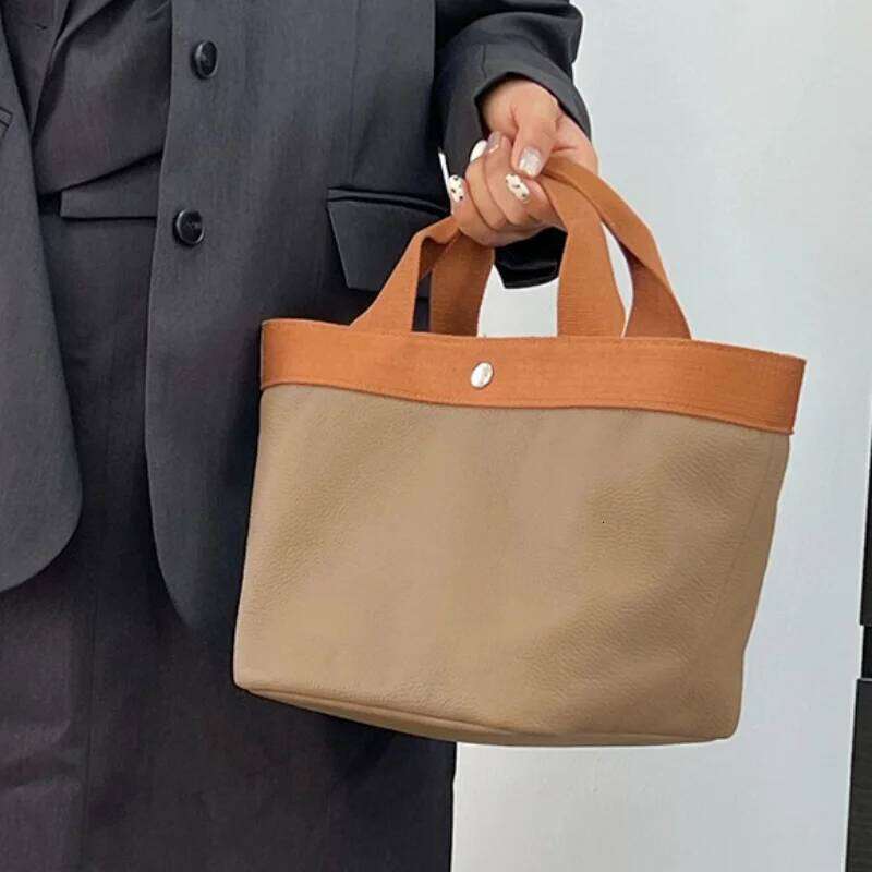 Genuine Leather Handbag Brand Design Bucket Fashion Contrast Color Casual Shoulder Daily Commuting Large Tote Bag