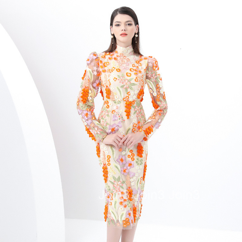 6002 Early Spring New Womens Clothing Stand Collar Long Sleeve Slim Fit Bodycon Embroidered Midi Dress