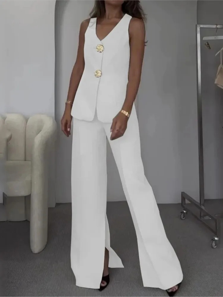 Summer Fashion Two Piece Sets Women Elegant Tank Top Solid V-neck Sleeveless Vest High Waisted Wide Leg Pants Suits 250714