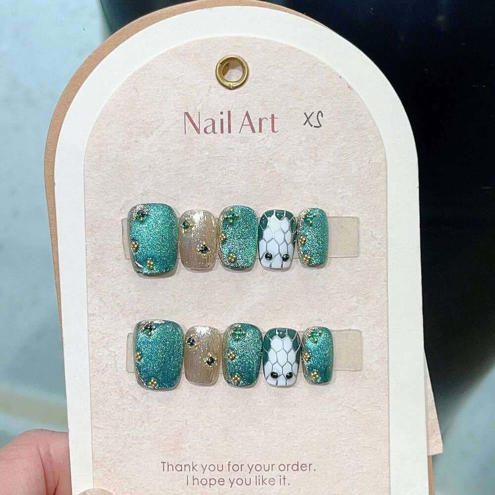 10Pcs Green Cat Eye False Snake Pattern Fake Nails Removable Square Head Short Art Press on Acrylic Nail Tips Fashion X250720 X250720
