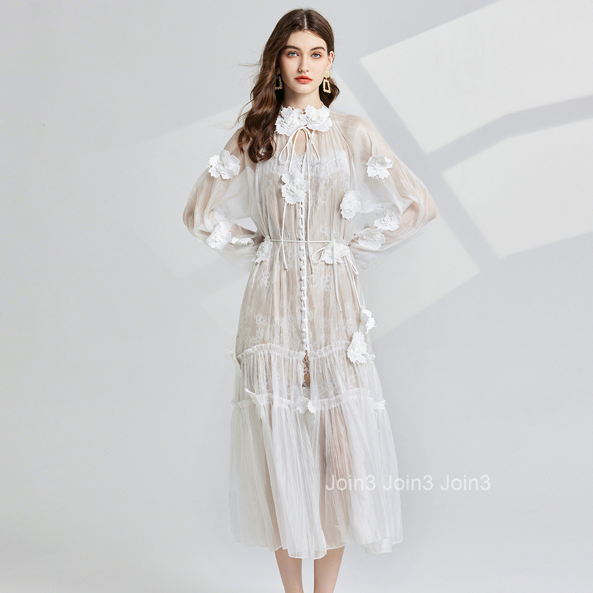 715 Autumn New Three Dimensional Flower Embroidered Lace Dress+Double layer Eyelash Lace Strap Set Two Piece