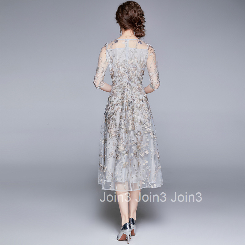 6805 Spring/Summer Womens Elegant Dress Mesh Embroidered Banquet Dress Round Neck Seven Sleeve Long Dress