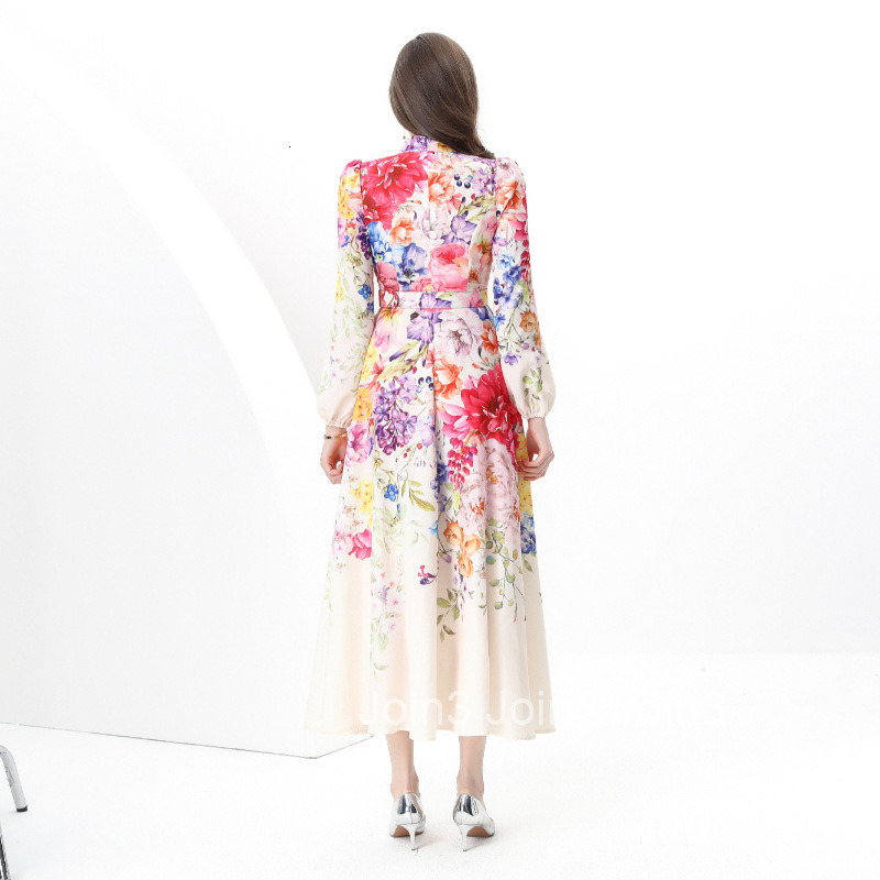 8860 Early Spring New Womens Vacation Style Stand Collar Single Breasted Printed Flared Long Dress