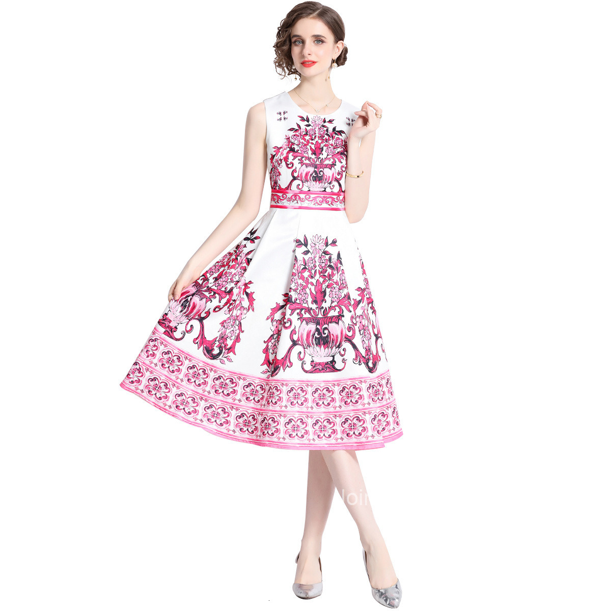 9016 Waist Slimming Sleeveless Printed Midi Dress