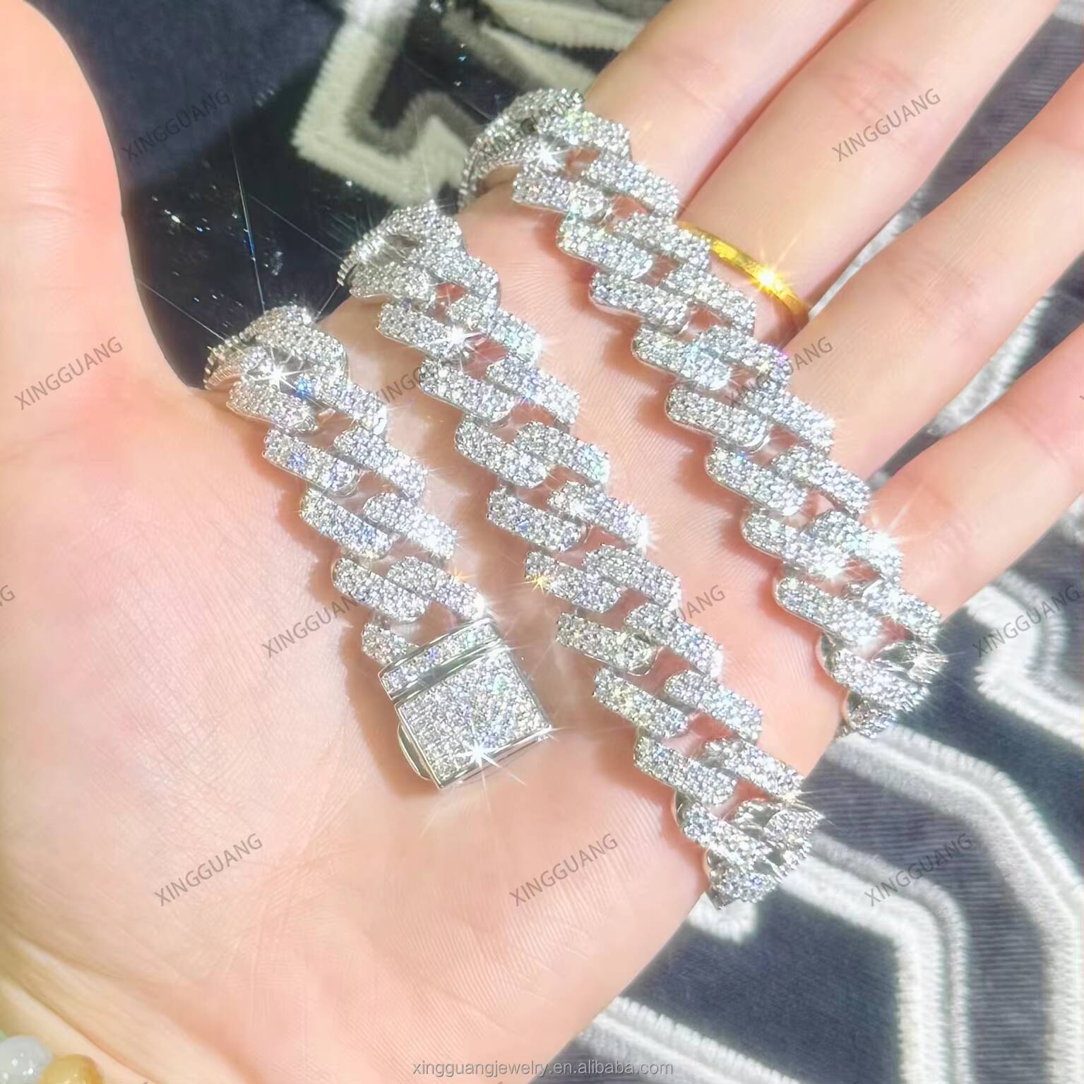 XingGuang Hot Selling Pass Diamond Tester 925 Solid Silver 13mm 2Rows Iced Out Hip Hop Moissanite Diamond Cuban Link Chain