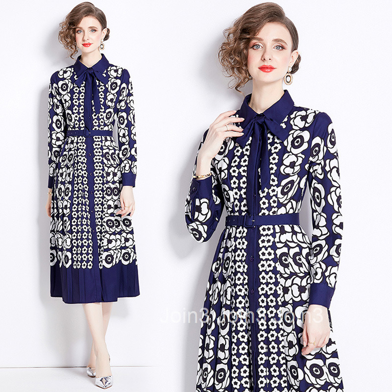 8497 Spring new womens printed temperament single breasted slim fit shirt long skirt dress