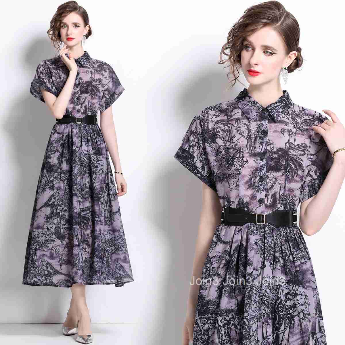 1899 Summer New Womens Printed Collar Short Sleeve Slimming Long Dress with Inner Lining (Comes with Belt)
