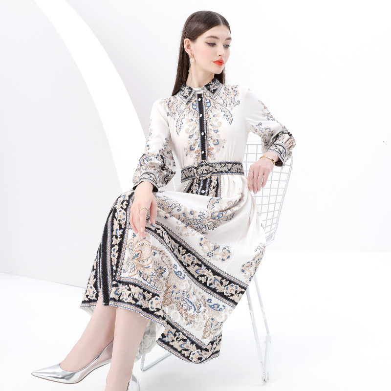6145 Early Spring New Womens Clothing Style Elegance Style Flip Collar Lantern Sleeve Printed Long Dress