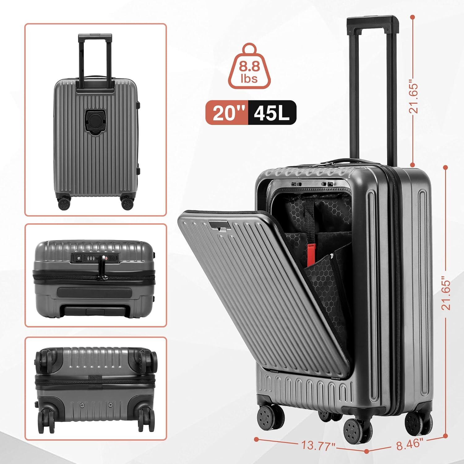 DHYMX VentureVault Lage 22x14x9 Airline Approved, 20 Inch Hard Shell Carry On Lage, Suitcase designer bag Carry-on Small Siutcase with Wheels (Grey, 1