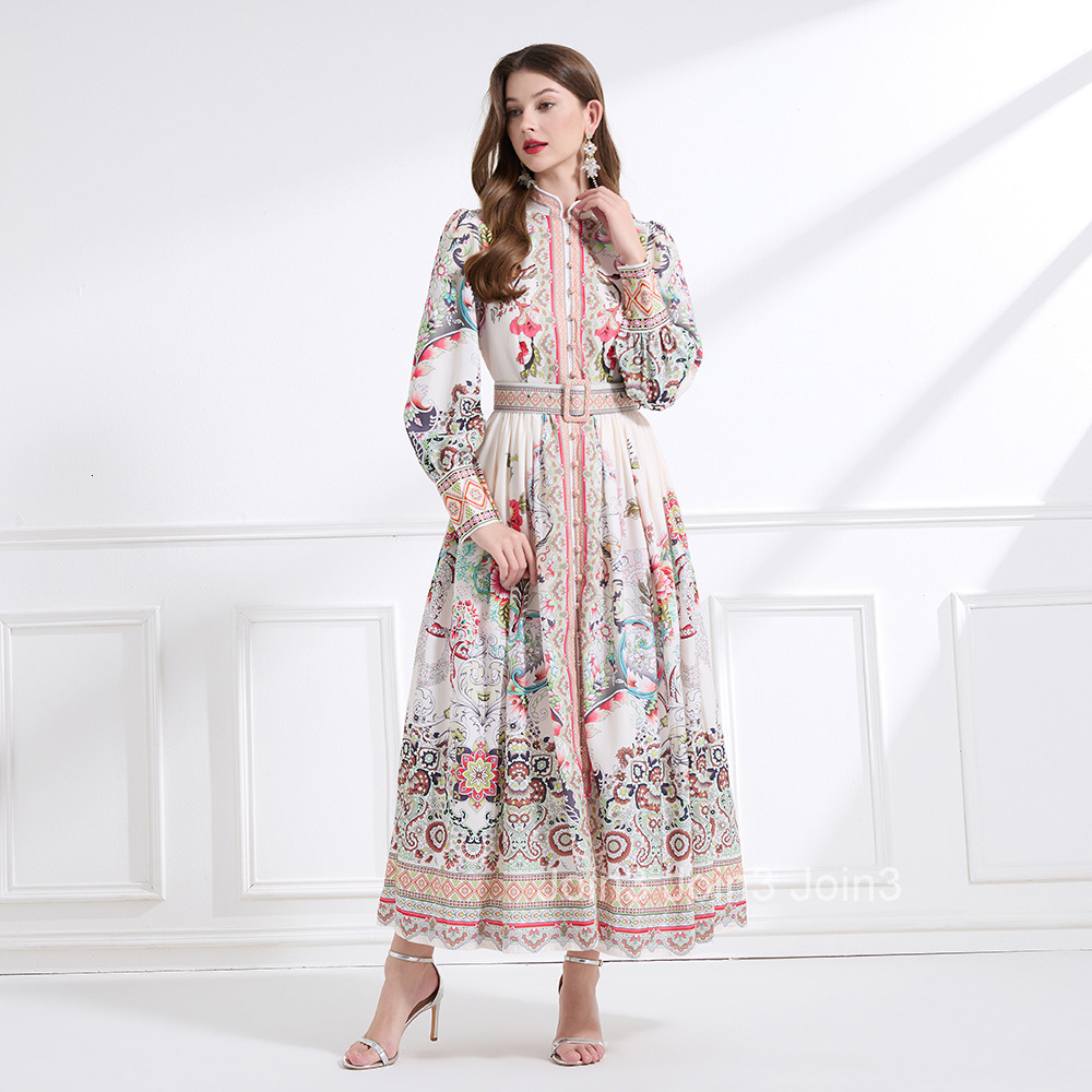 2175 Spring New Womens Clothing Elegance Style Stand Collar Printed Lantern Sleeve Long Dress