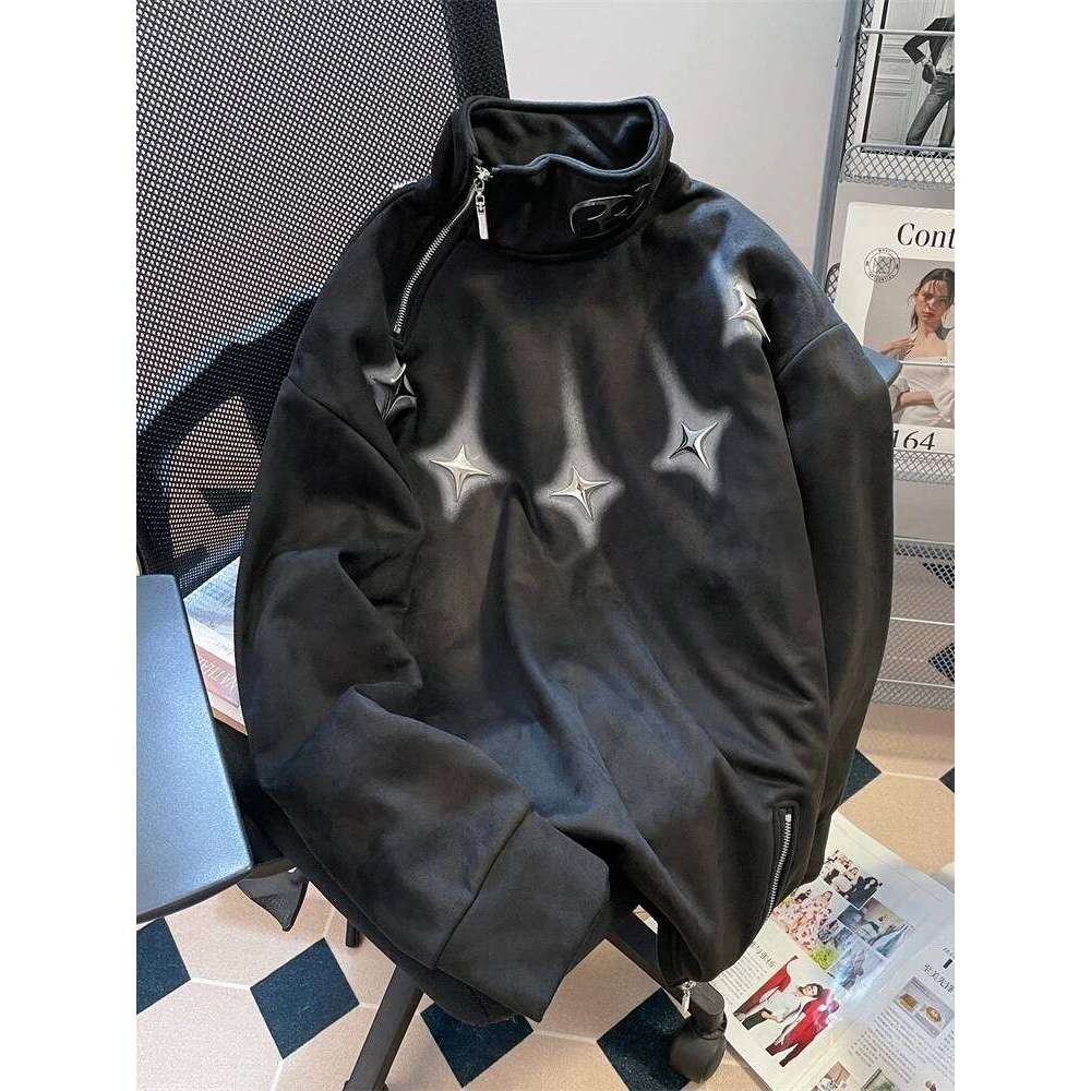 High Street Oversized Irregular Half Zip Hoodie For Men Women Autumn And Winter American Style Stylish Suede Jacket