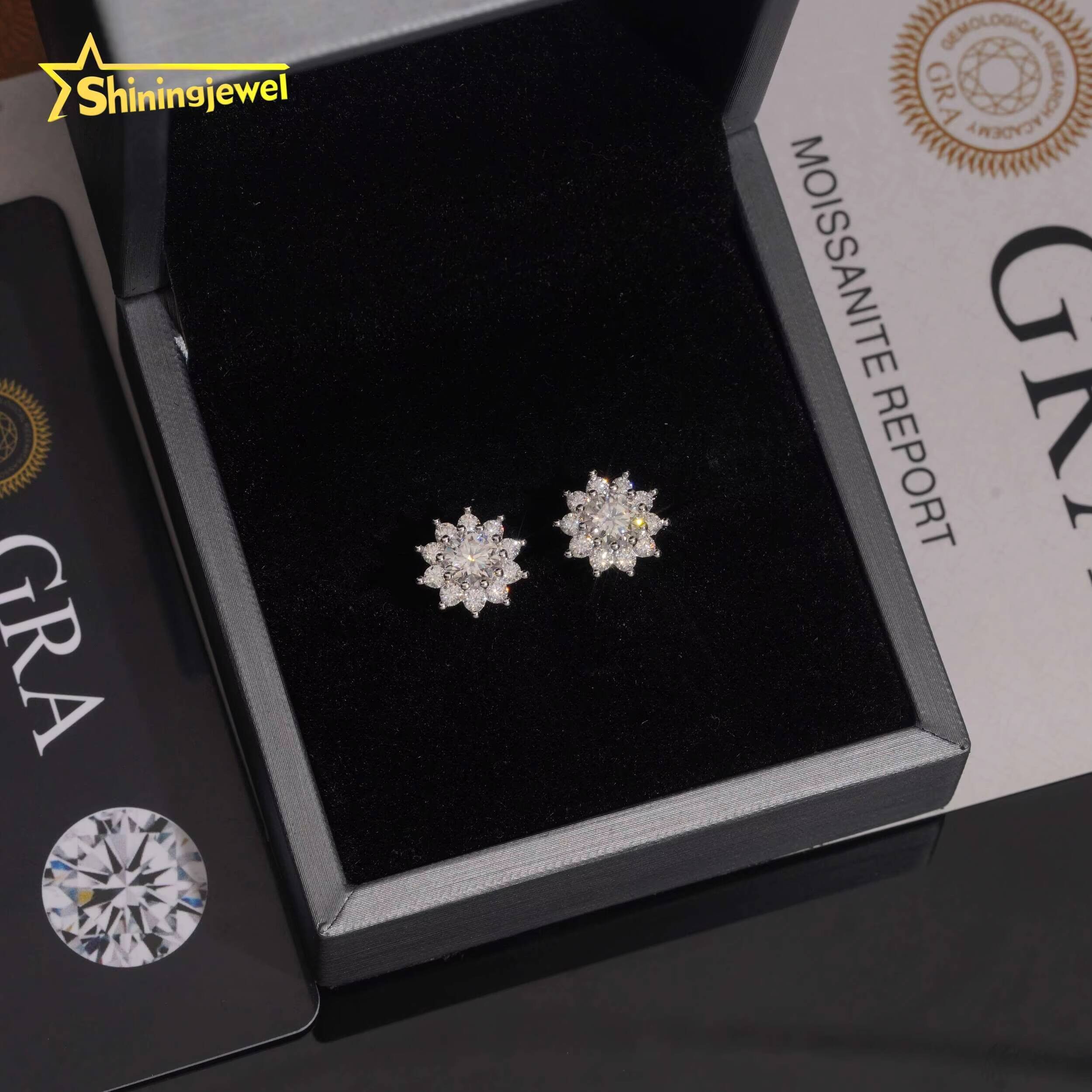 GRA Certificated Hip Hop 925 Sterling Silver Cluster Earrings Fine Jewelry D VVS Flower Moissanite Stud Earrings