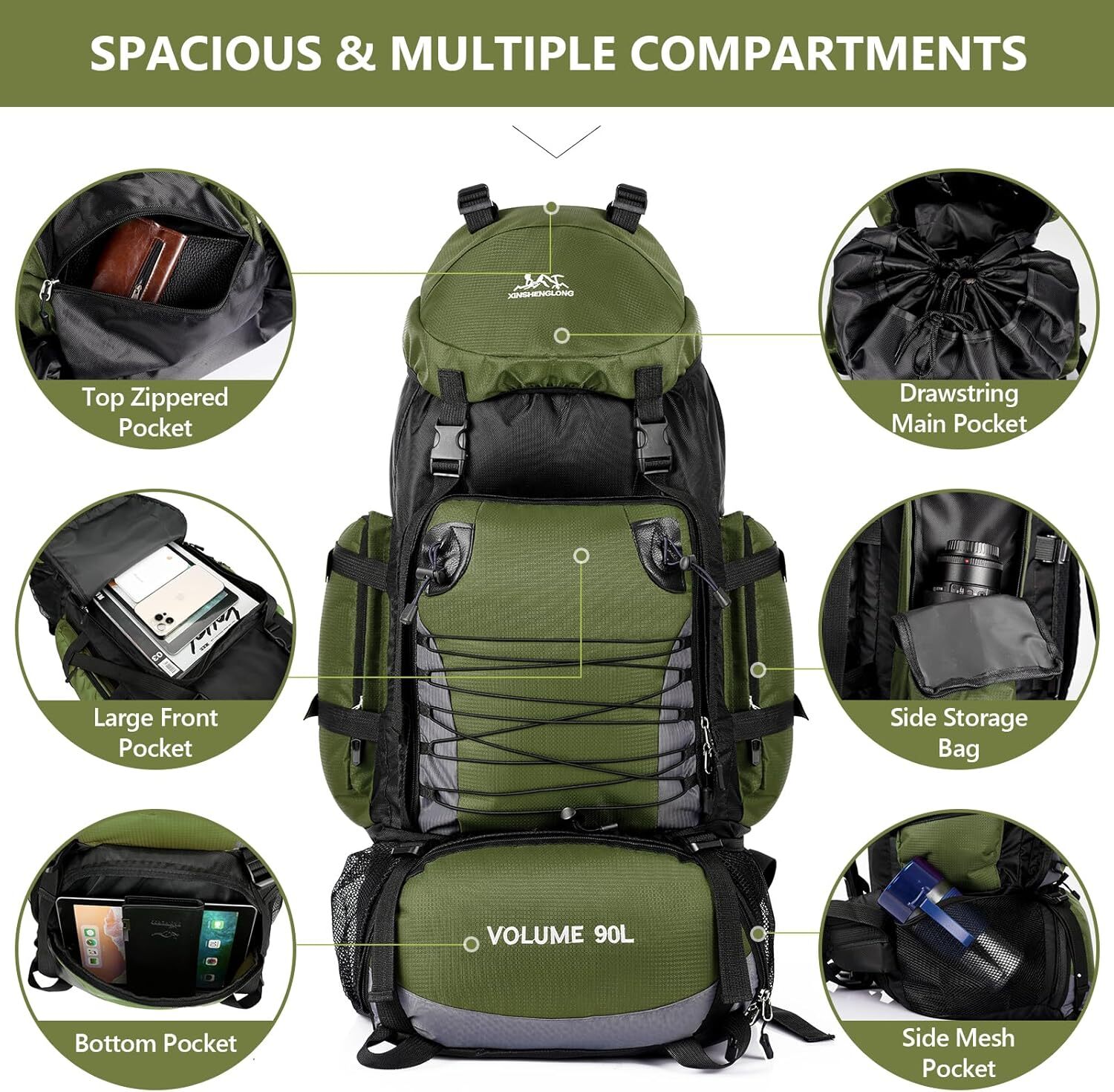 YMX 755 98 LibSkyln 90L Hiking Backpack, Backpack with Rain Cover Lightweight Travel Daypack for Climbing Camping Touring (Green)