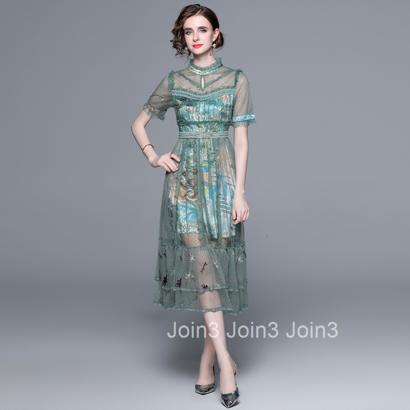 6994 Summer New Womens Fashion Elegant Embroidered Beaded Polka Dot Short Sleeve Flared Long Dress Mesh Dress