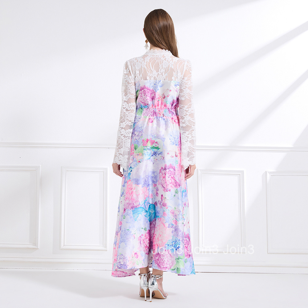 2182 Spring New Womens Fashion Elegant Vacation Style Lace Trim Patchwork Printed Waist-Cinching Long Dress