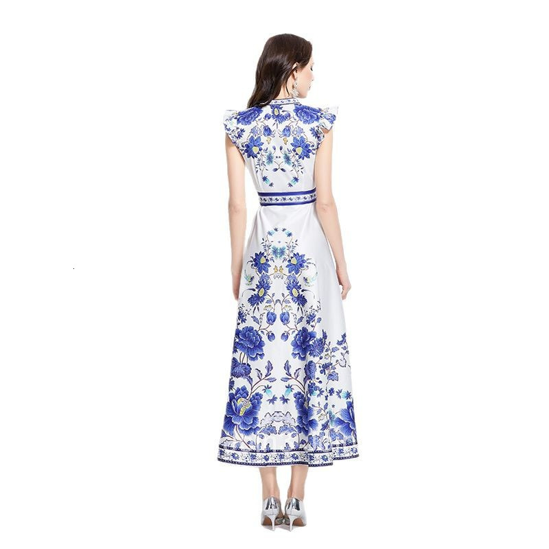 2657 Spring New Ethnic Style Elegant Printed Small Flutter Sleeve Flared Dress